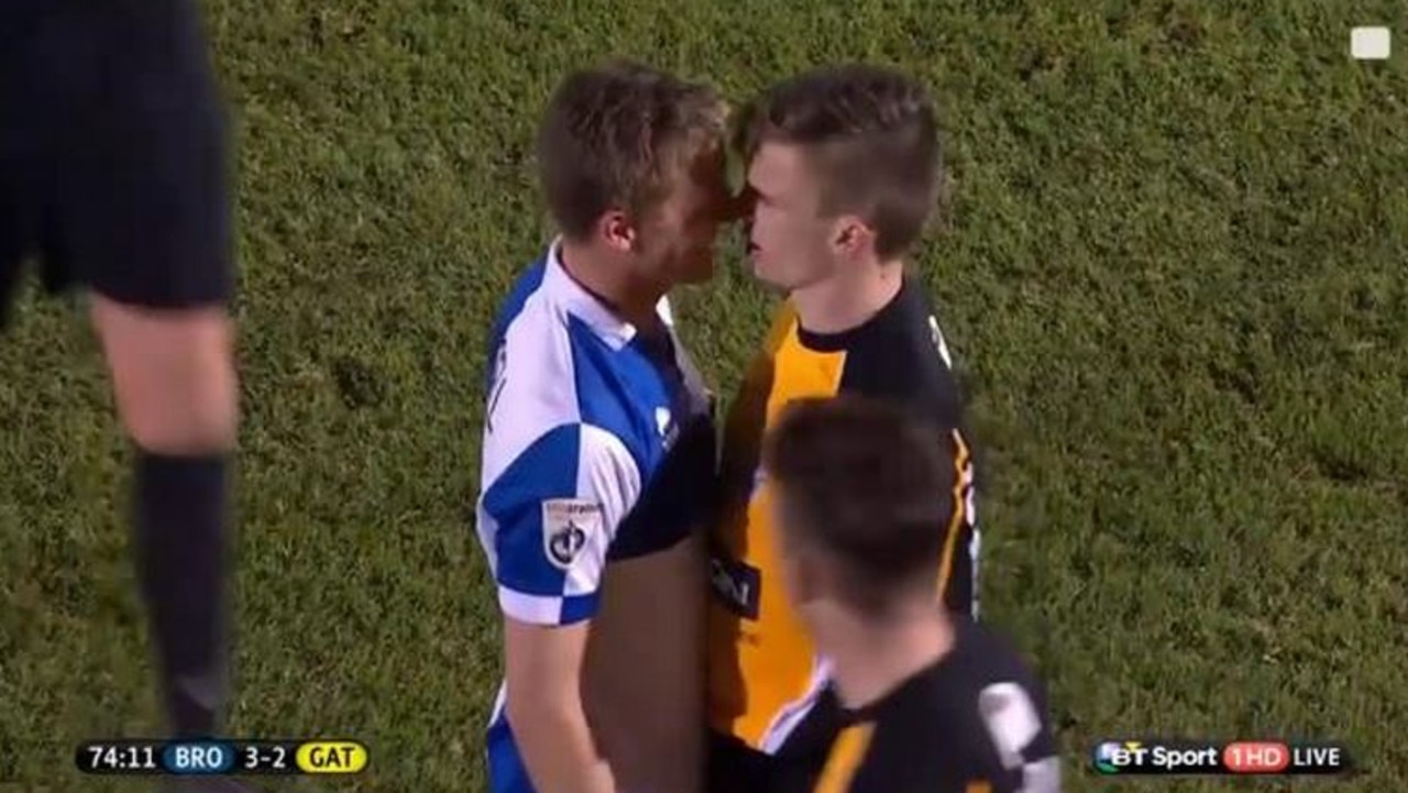 VIDEO: English footballers kiss and make up after on field confrontation |  Herald Sun