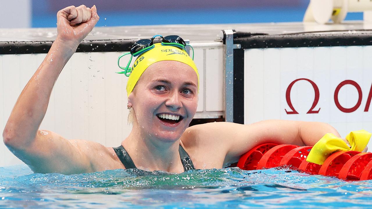 Ariarne Titmus after winning the gold medal in the women's 400m freestyle final at the Tokyo 2020 Olympic Games. Picture: Getty Images