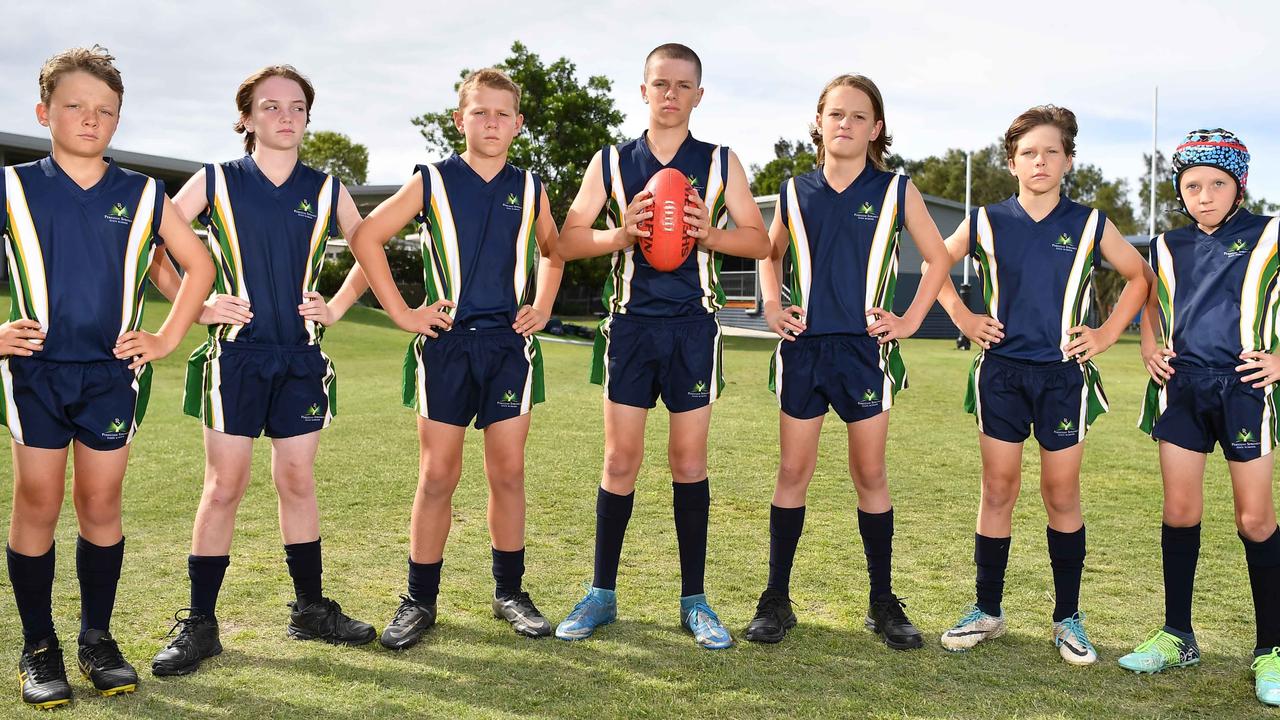 Charlie, Cobey, Seb, Brock, Tommy, Chase and Jack from Peregian Springs State School are preparing for the AFLQ Schools Cup Finals. Picture: Patrick Woods