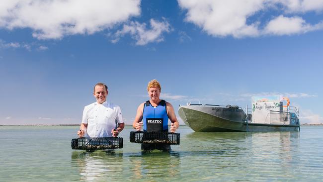 Business: Chef Martin Boetz and Angel Oyster's Zac Halman in the waters off Coffin Bay. Mr Halman and his team regularly host chef tours at their farms.