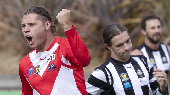 Clarence’s Jacques Barwick celebrates a goal against Glenorchy at KGV Oval. Picture: Chris Kidd