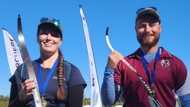 (L-R) Kim Lavender and Kane Wilson, Open Female and Male Recurve champions, ASNSW Short Distance Archery Championship, at Sydney Olympic Park, 27 May, 2023. Picture: VT Nguyen (Sydney Olympic Park Archery)