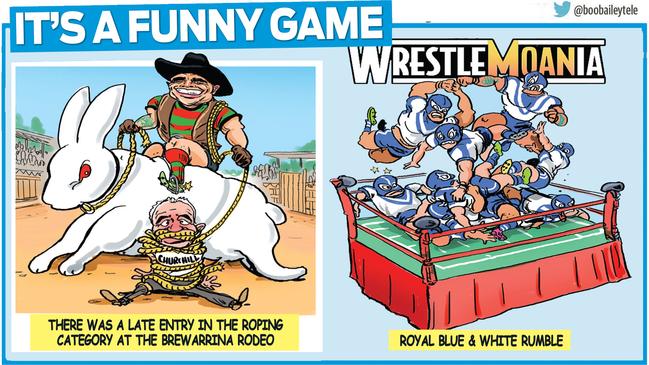 Rod Churchill's criticism of Latrell Mitchell and drama over a wrestling punishment at Canterbury training came under the spotlight. Artwork: Scott 'Boo' Bailey.