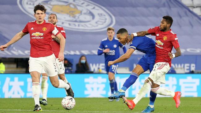Leicester City’s Youri Tielemans scores against Manchester United at The King Power Stadium. Picture: Getty Images