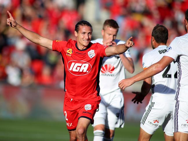 ADELAIDE, AUSTRALIA - APRIL 07: Michael Marrone celebrates a goal during the round 24 A-League match between Adelaide United and the Wellington Phoenix at Coopers Stadium on April 7, 2019 in Adelaide, Australia. (Photo by Kelly Barnes/Getty Images)