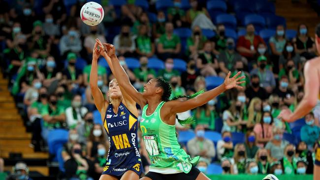 Stacey Francis-Bayman of the Fever attempts to intercept the ball during the round one Super Netball match between West Coast Fever and Sunshine Coast Lightning. Picture: James Worsfold/Getty Images