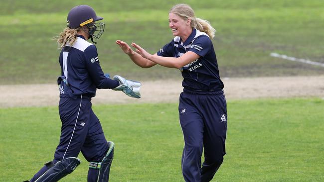 Sophie Day celebrates a wicket for Victoria.