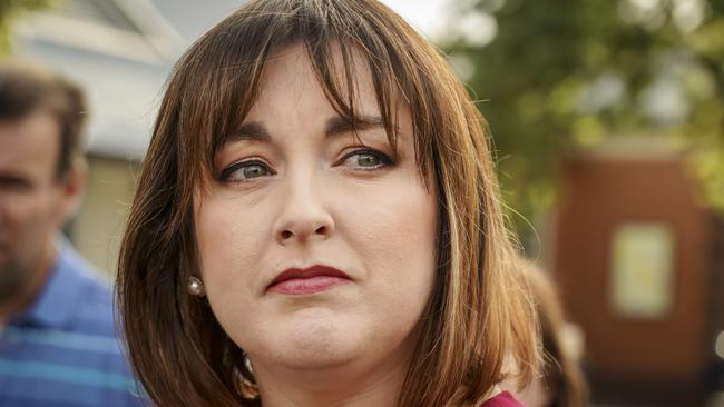 Labor MP Jayne Stinson talks to the media outside the school. Photo: Mike Burton