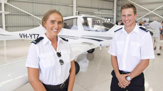 Student pilots Kimberley Pike and Thomas Fanshawe . Official opening of Qantas Group Pilot Academy at Wellcamp Airport. Wednesday, 29th Jan, 2020. Picture: Nev Madsen