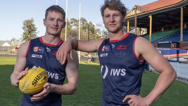 Norwood key forwards Izaak Twelftree (left) and Finn Heard at training at The Parade this week. Picture: Kelly Barnes