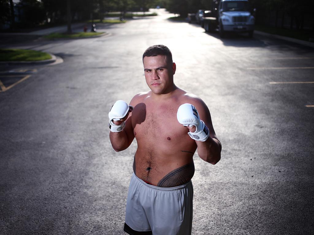 A day in the life of heavyweight UFC fighter Tai Tuivasa before he fights in UFC 225 on the weekend in Chicago, USA. Tai training in the car park of his hotel 90mins out of town. Picture: Sam Ruttyn