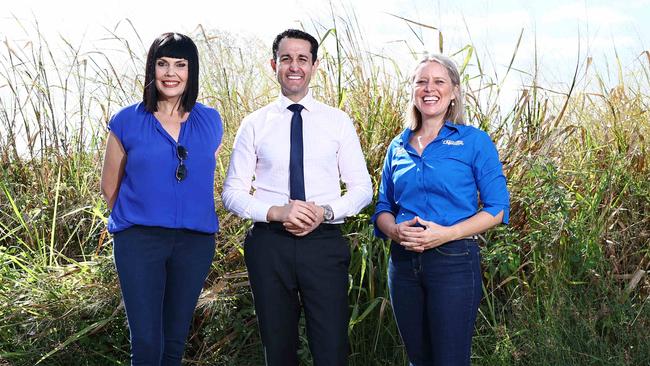 Queensland Opposition Leader David Crisafulli (centre) with the LNP’s candidate for Cairns, Yolonde Entsch and candidate for Barron River, Bree James at Caravonica in August. Picture: Brendan Radke