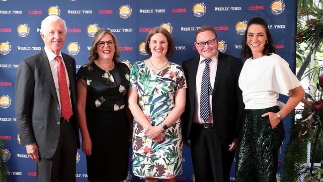 (From left) Coles Group chairman James Graham, Herald and Weekly Times chairman Penny Fowler, incoming Coles chief executive Leah Weckert, The Weekly Times editor James Wagstaff and MC Giaan Rooney.