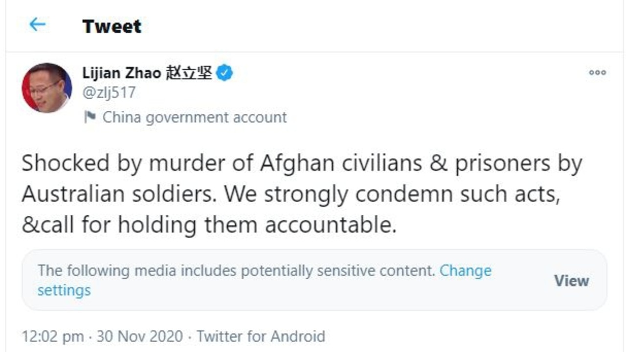 Beijing’s foreign ministry spokesman Zhao Lijian condemned the ‘murder of Afghan civilians’ with this tweet in 2020.