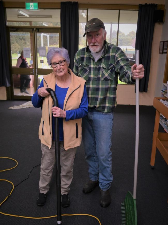 Leonie Coad and Mick Rodwell clean the Geeveston Bowls Club. Picture: Kenji Sato