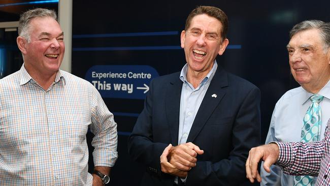 Minister for Resources Scott Stewart, Deputy Premier Cameron Dick and Copperstring's Tony McGrady at the official opening of the CopperString Experience Centre. Picture: Shae Beplate.