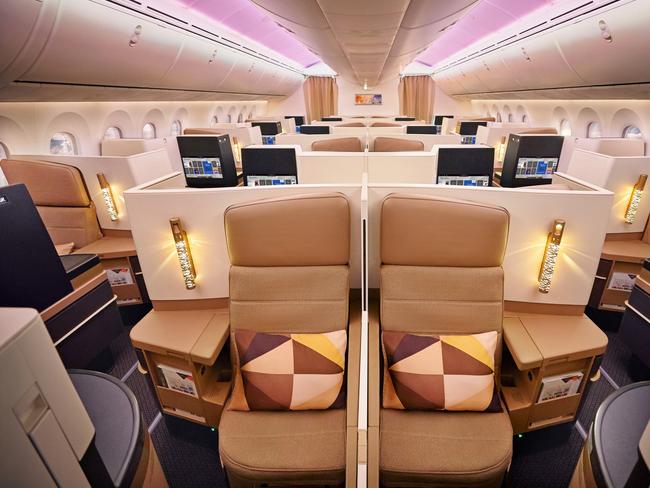 Etihad business class cabin on the Boeing 787-9 Dreamliner.