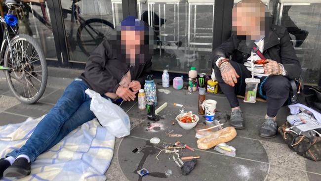 Two men with drug paraphernalia on Acland St St Kilda. Picture: Supplied