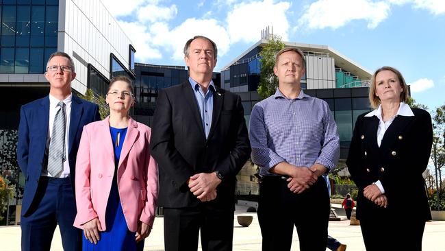 The coalition: Dr Patrick Clarke, Adjunct Associate Professor Elizabeth Dabars, Associate. Professor John Mendoza, Dr Mark Morphett and Bernadette Mulholland out the front of the RAH last month. Picture: Mark Brake