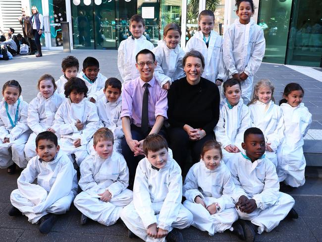 9/8/18: Australian of the Year, Professor Michelle Simmons, Eddie Woo, Maths teacher and winner of the 2018 Local Hero Award with a year 2 class from St Mary of the Cross Catholic Primary School, Point Cook in regional Victoria that named their class after Professor Michelle Simmons. John Feder/The Australian.