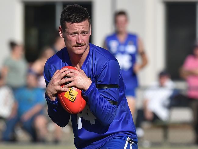 Taylor Stratton of Hastings in action during the MPNFL Div 2 match in Hastings, Melbourne, Saturday, April 20, 2019. MPNFL Div 2 v Devon Meadows V Hastings. (AAP Image/James Ross) NO ARCHIVING