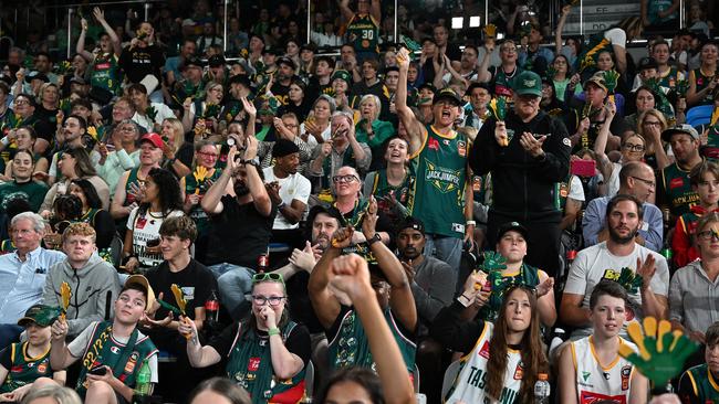 HOBART, AUSTRALIA – FEBRUARY 16: Fans celebrate during game two of the NBL Semi Final series between Tasmania Jackjumpers and New Zealand Breakers at MyState Bank Arena, on February 16, 2023, in Hobart, Australia. (Photo by Steve Bell/Getty Images)