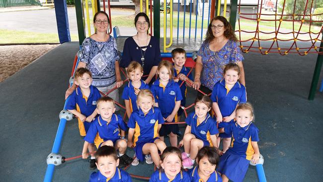 MY FIRST YEAR: Two Mile Preps, Gympie. Front row, Jimmy, Stella, Claudia. Second row, Wyatt, Flynne, Ruby, Annabelle. Third row, Kyson, Molly, (name not recored), Bella. Fourth row, Mrs Smythe, Miss Garvey, Mo, Mrs Zemanek. Picture: Patrick Woods.