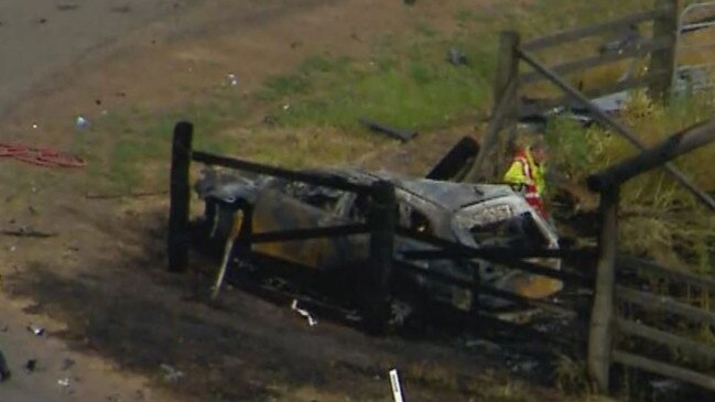 The Mazda CX-9 caught fire after hitting a power pole at Brightview in the Lockyer Valley. Picture: 9 News