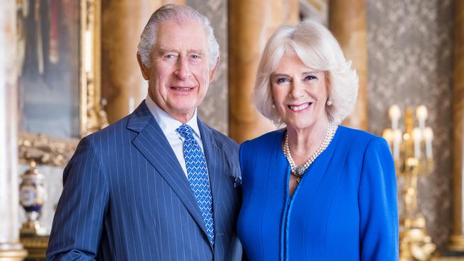 King Charles III and Camilla pose for a portrait in the Blue Room at Buckingham Palace. Picture: Hugo Burnand/Buckingham Palace via Getty Images