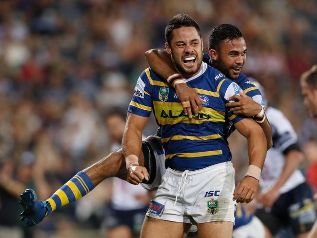 Hayne celebrates scoring for the Eels during his last season in the NRL in 2018. Picture: Jason McCawley/Getty Images