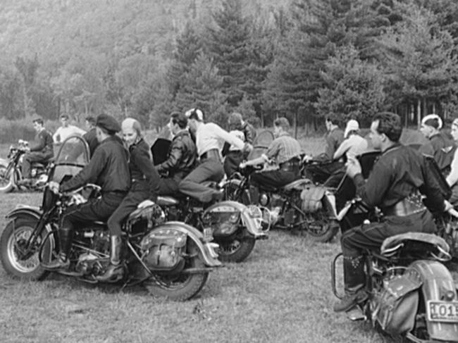 History: 1941 Motorcycle club out to enjoy the fall coloring along the Mohawk Trail, Massachusett