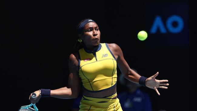 USA's Coco Gauff hits a return against Slovakia's Anna Karolina Schmiedlova. Picture: AFP