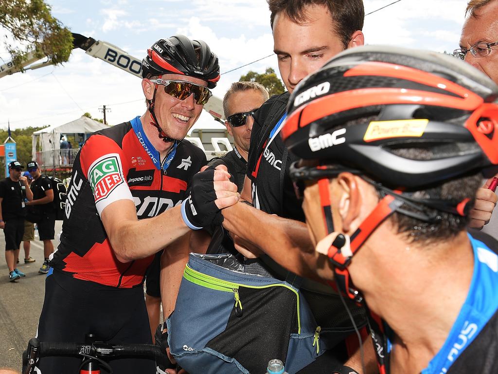 Rohan Dennis of BMC Racing Team congratulates Stage 5 winner and teammate Richie Porte. Photo by Daniel Kalisz/Getty Images