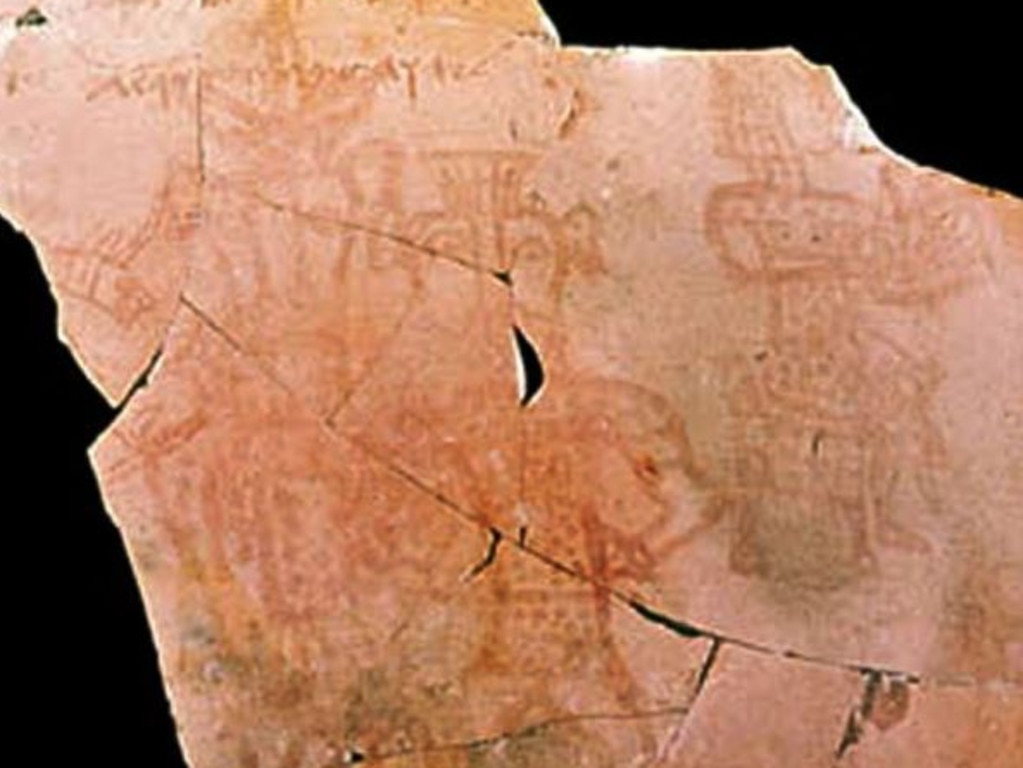 'Yahweh and his Ashera' is written across the top of this eighth-century BC drawing found in the Sinai desert. Picture: Dr Ze’ev Meshel and Avraham Hai/Tel Aviv University Institute of Archaeology.