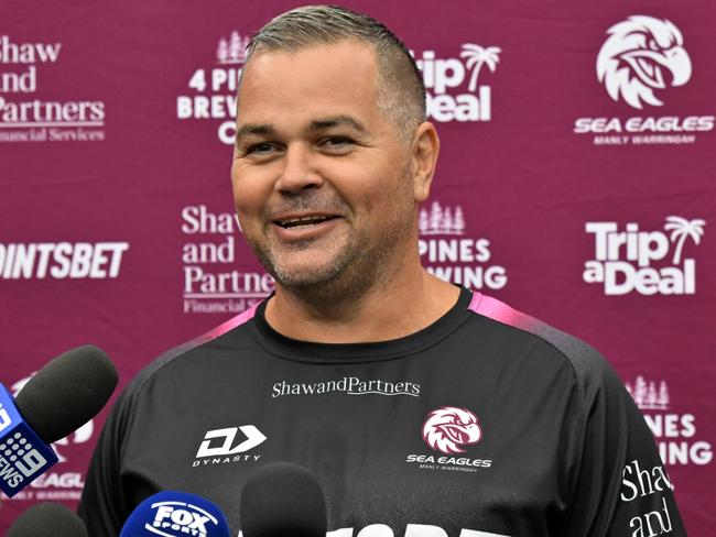 Manly Warringah Sea Eagles coach Anthony Seibold speaks tot he media before the captainÃ¢â¬â¢s run at Allegiant Stadium on Friday, March 1, 2024, in Las Vegas. (Photo by David Becker)