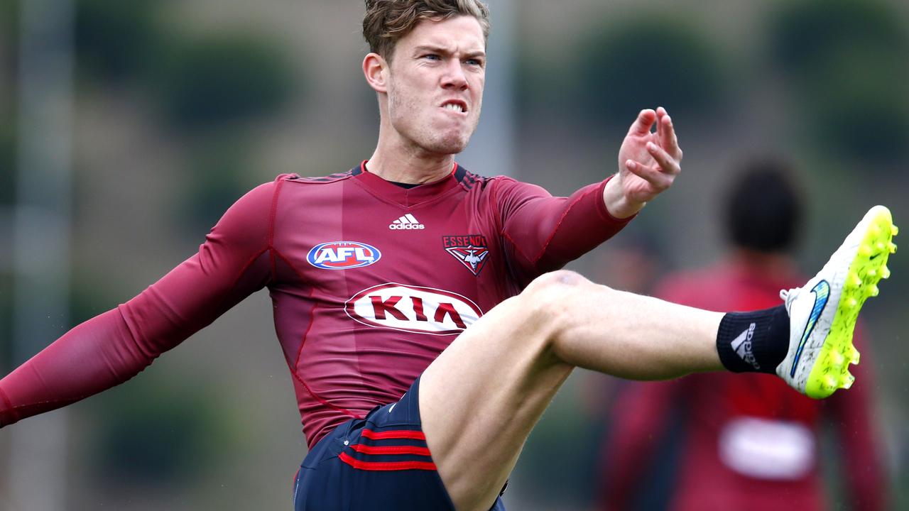 Essendon training at Tullamarine. Jake Melksham kicks at goal . Pic: Michael Klein