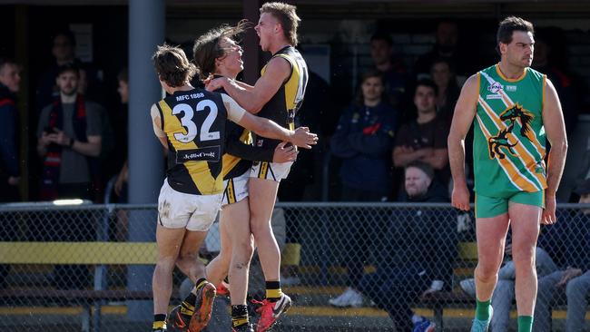 EFL: Mitcham’s Guy Laughlin celebrates his goal. Picture: George Salpigtidis