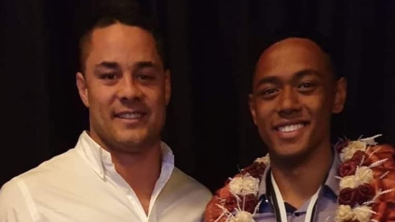 Terrell Kalokalo with Jarryd Hayne after he won the NSWRL under 16s player of the year. Kalokalo has signed a three-year deal with the Rabboths. Photo: Crown Sports Management Facebook