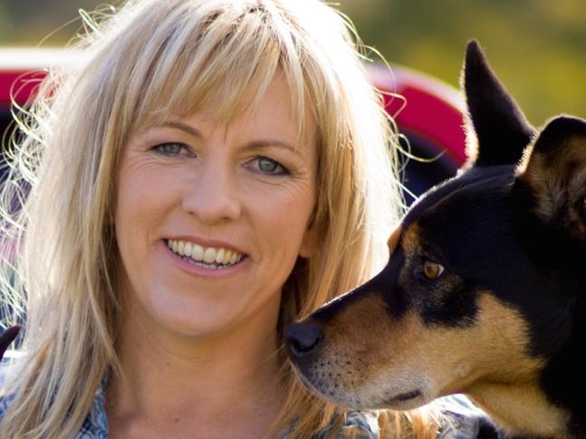 Author Rachael Treasure and Casterton Kelpie Bagala Connie on the left bred by Ian O'Connell and Tasmanian-bred Kelpie Rousie. SUPPLIED