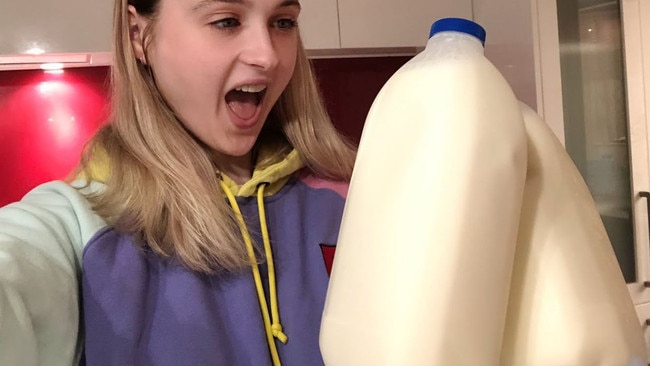 The Gallon Challenge: drink 3.8 litres of milk in an hour or less. The challenge involves trying to consume the entire gallon without vomiting or stopping. Symptoms included Hyponatremia (water intoxication), Aspiration Pneumonia and Kidney Strain. Picture: YouTube