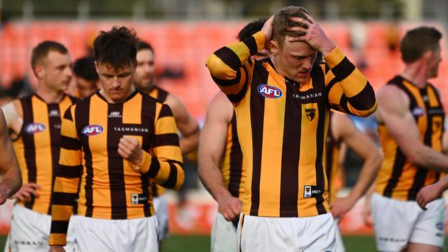 CANBERRA, AUSTRALIA - AUGUST 04: James Sicily of the Hawks reacts following the round 21 AFL match between Greater Western Sydney Giants and Hawthorn Hawks at Manuka Oval, on August 04, 2024, in Canberra, Australia. (Photo by Morgan Hancock/Getty Images)