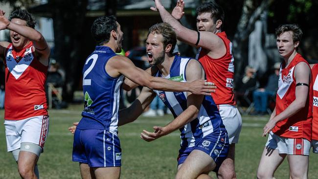 Matthew Raymond, right, bagged five goals for CBC Old Collegians against Colonel Light Gardens. Picture: AAP /Morgan Sette