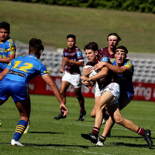 Manly Sea Eagles hooker Jack Birt on the attack against Parramatta. Picture: Bryden Sharp Photography.