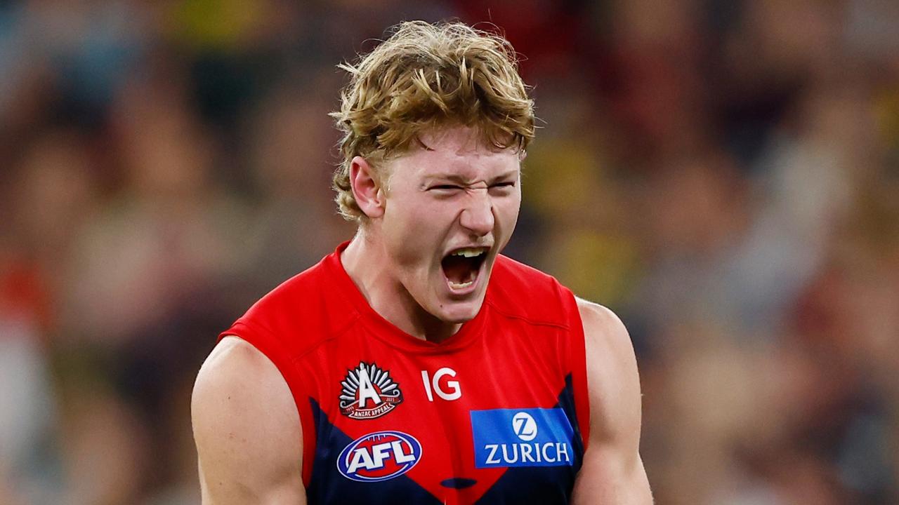 MELBOURNE, AUSTRALIA - APRIL 24: Jacob van Rooyen of the Demons celebrates a goal during the 2023 AFL Round 06 match between the Melbourne Demons and the Richmond Tigers at the Melbourne Cricket Ground on April 24, 2023 in Melbourne, Australia. (Photo by Dylan Burns/AFL Photos via Getty Images)