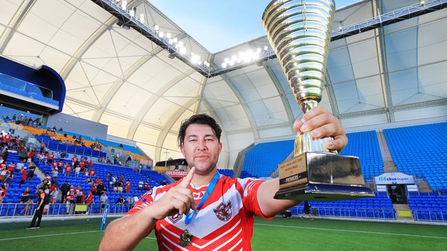 17th October 2020, Currumbin Eagles Captain Jayde Batchelor celebrates winning the Gold Coast Rugby League Reserve Grade Grand Final against the Tugun Seahawks played at CBus Stadium Photo: Scott Powick Newscorp