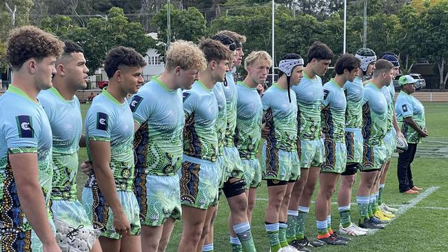 BBC players line-up in their special indigenous designed jerseys on multicultural day.