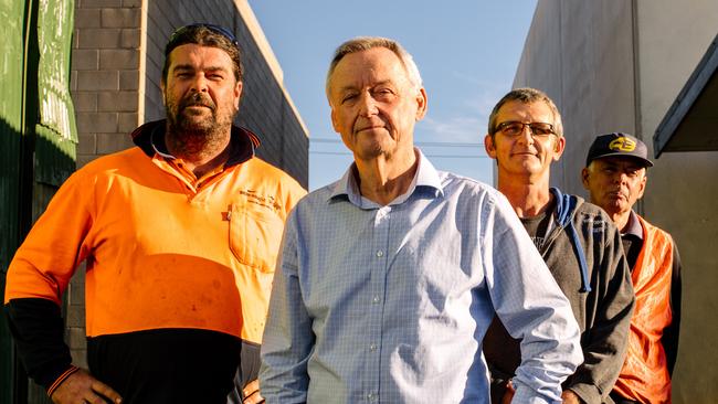 Labor senator Alex Gallacher, with workers, from left, Mark Bennett, Craig Stanton, and Michael Vogt. Picture: Morgan Sette