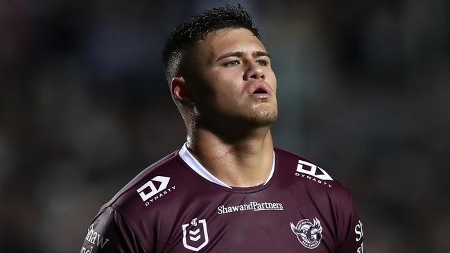 SYDNEY, AUSTRALIA - JUNE 09:  Josh Schuster of the Sea Eagles reacts during the round 15 NRL match between Manly Sea Eagles and Dolphins at 4 Pines Park on June 09, 2023 in Sydney, Australia. (Photo by Jason McCawley/Getty Images)