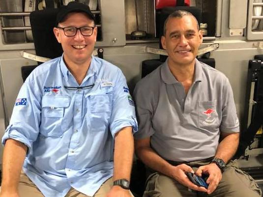 Thailand cave diving hero Dr Richard Harris sitting in the back of an RAAF C17 on the way back to Australia with Craig Challen. Picture Facebook