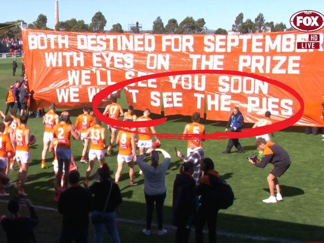 The GWS banner ahead of the Bulldogs match. Photo: Fox Sports